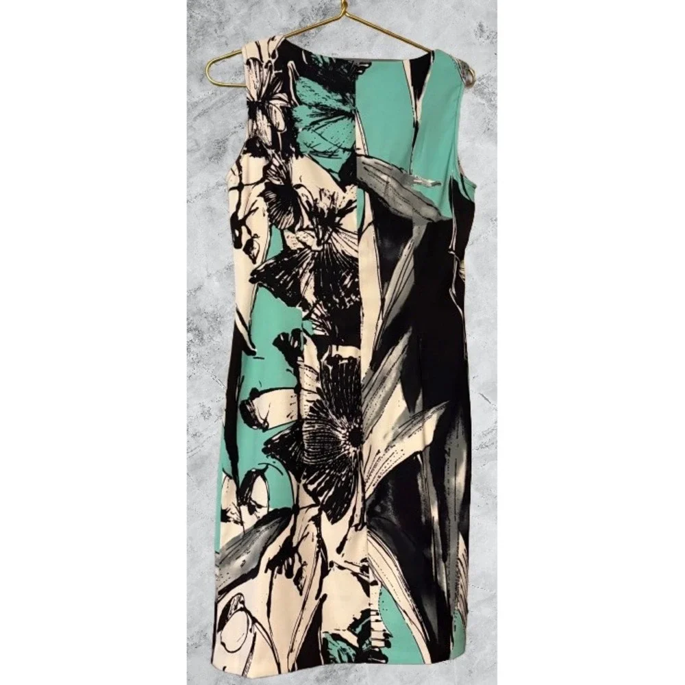 Connected Apparel Teal Black Floral Sheath Dress Sleeveless Size 10 TAJ53513M - Picture 2 of 5